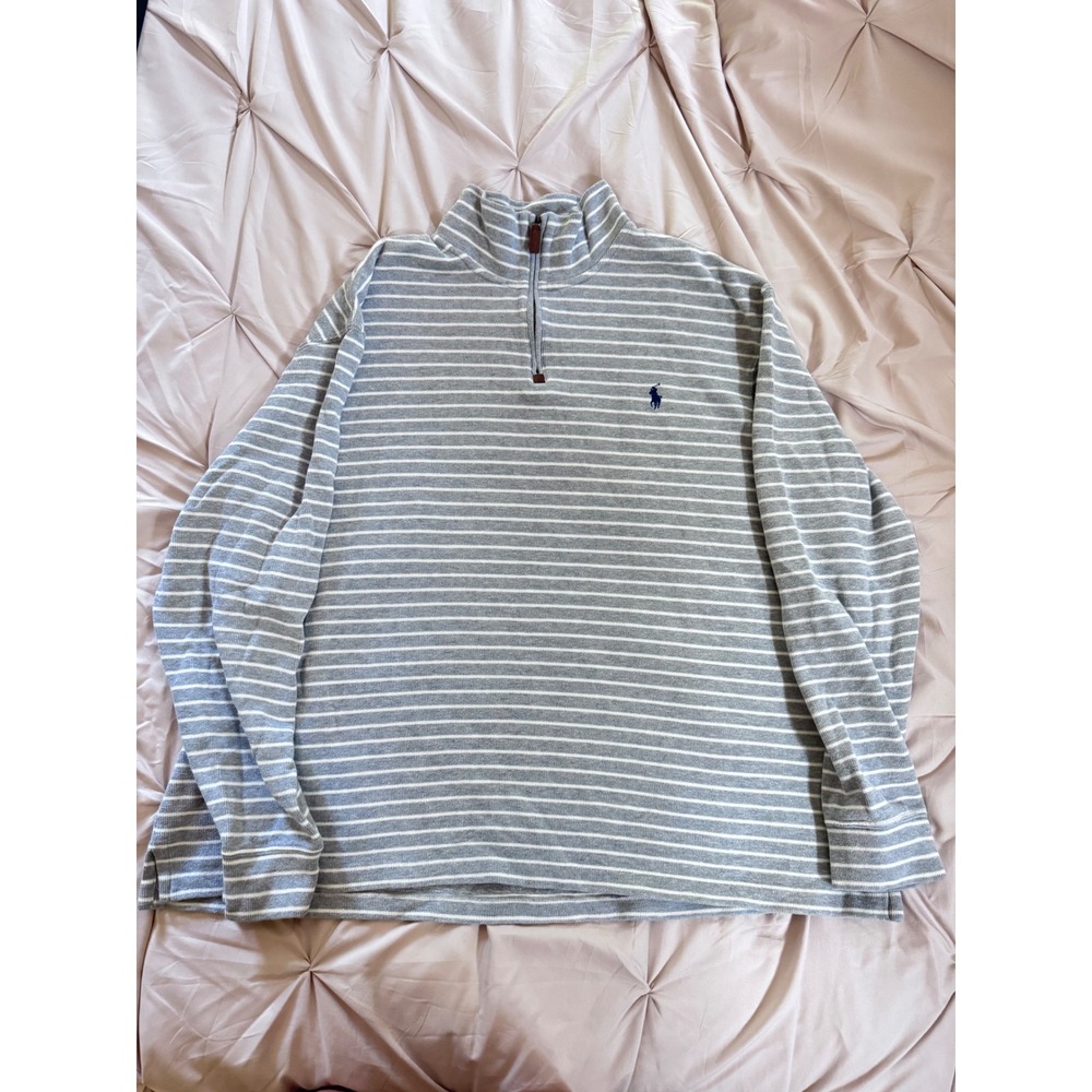Polo Ralph Lauren Mens XXL Quarter Zip Pullover Grey White Striped Cotton Pony